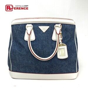 Prada Logo Handbag Denim Leather Blue